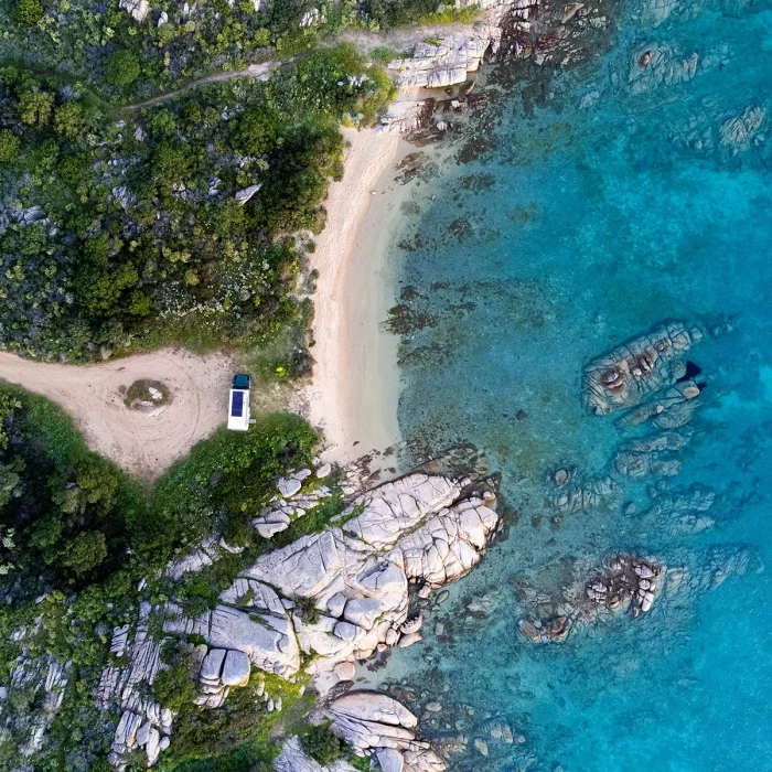 Sardinia Off Road Trails: aerial view of a 4x4 track running along the Sardinian coast